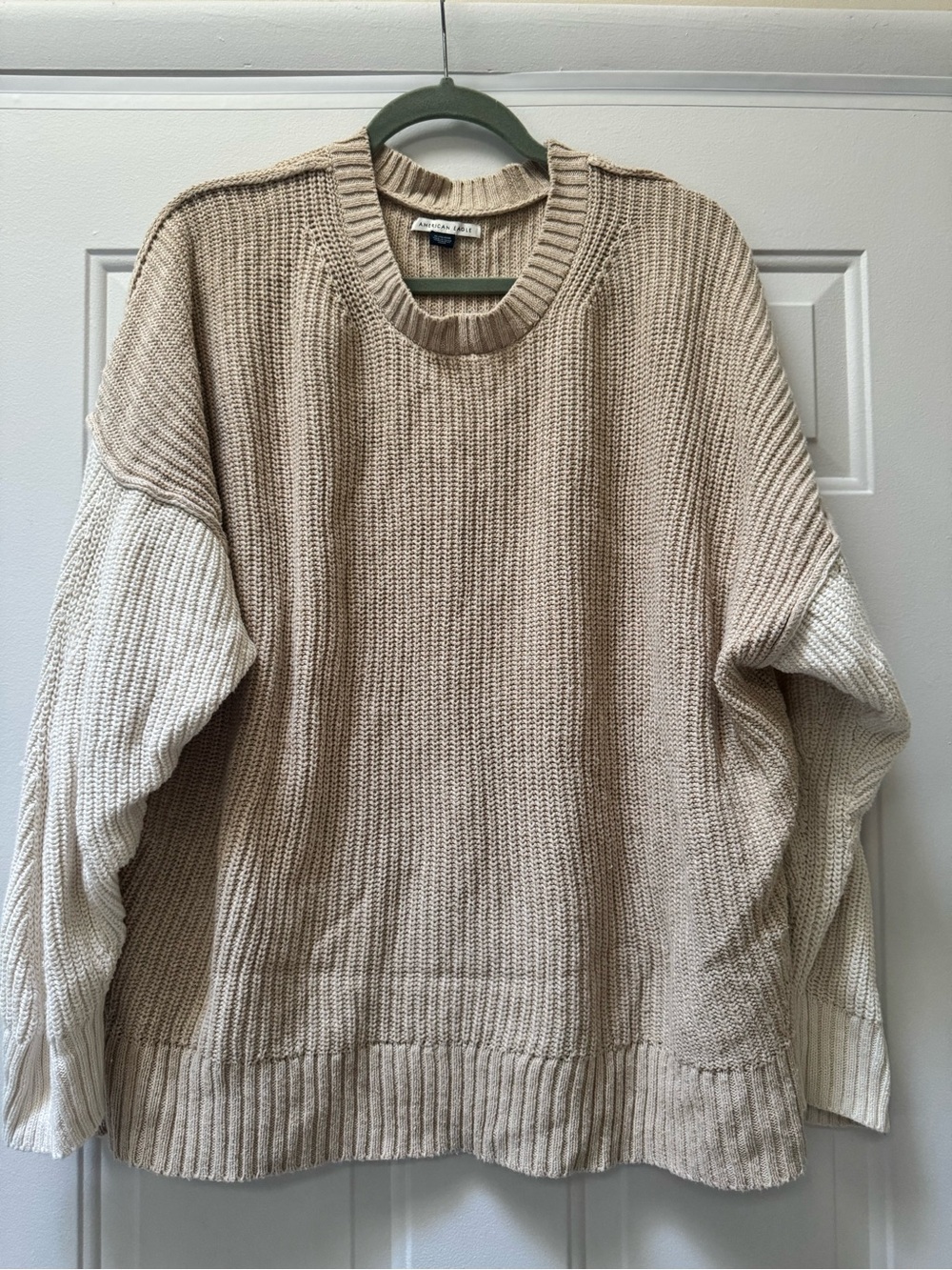 American Eagle Outfitters Two-Tone Beige and Cream Crewneck Sweater